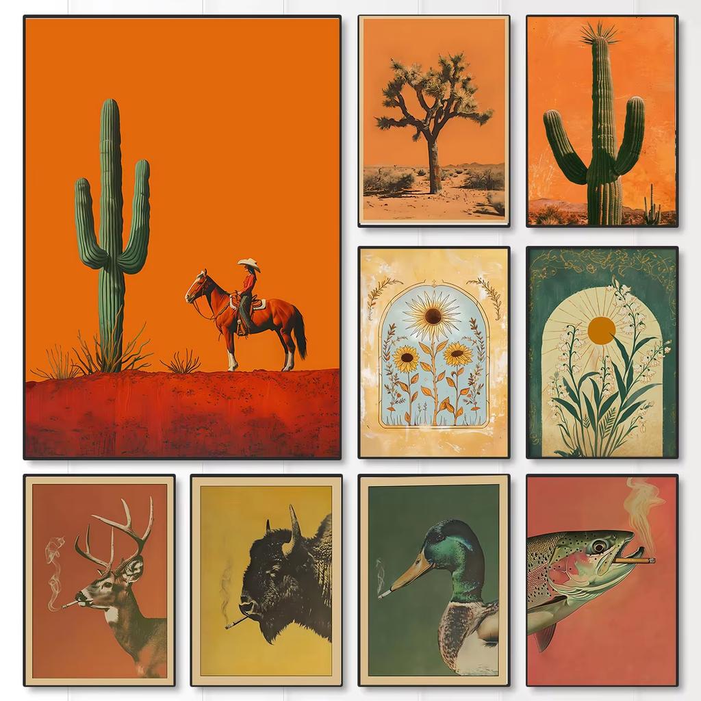 Bohemian canvas print western cowboy girl trout elk and bull smoke cigarette wall art poster modern living room home decor