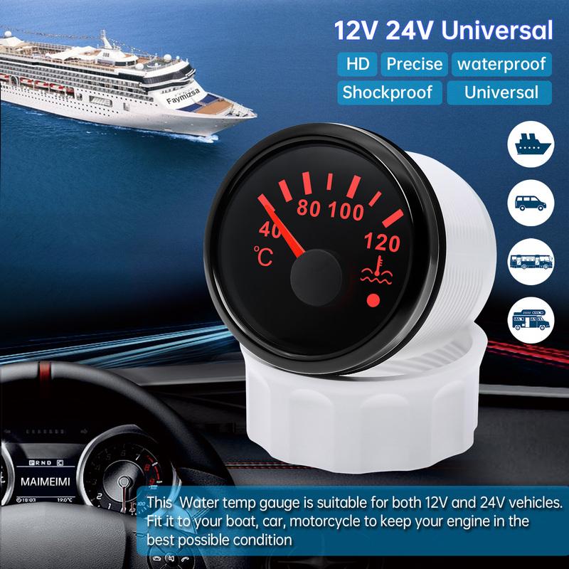 40~120℃ 52mm Water Temperature Gauge+Sensor with Flash Alarm Waterproof Red Light Water Temp Meter for Car Boat 12V 24V