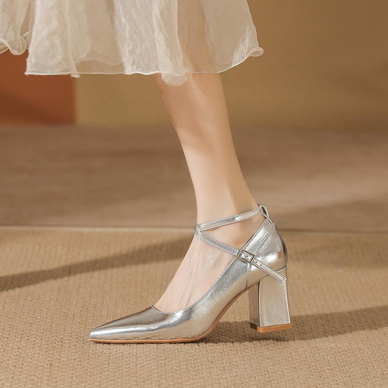 Silver Pointed High Heels Women's Autumn New Cross Belt with Skirt Temperament Light Mouth Thick Heel Single Shoes