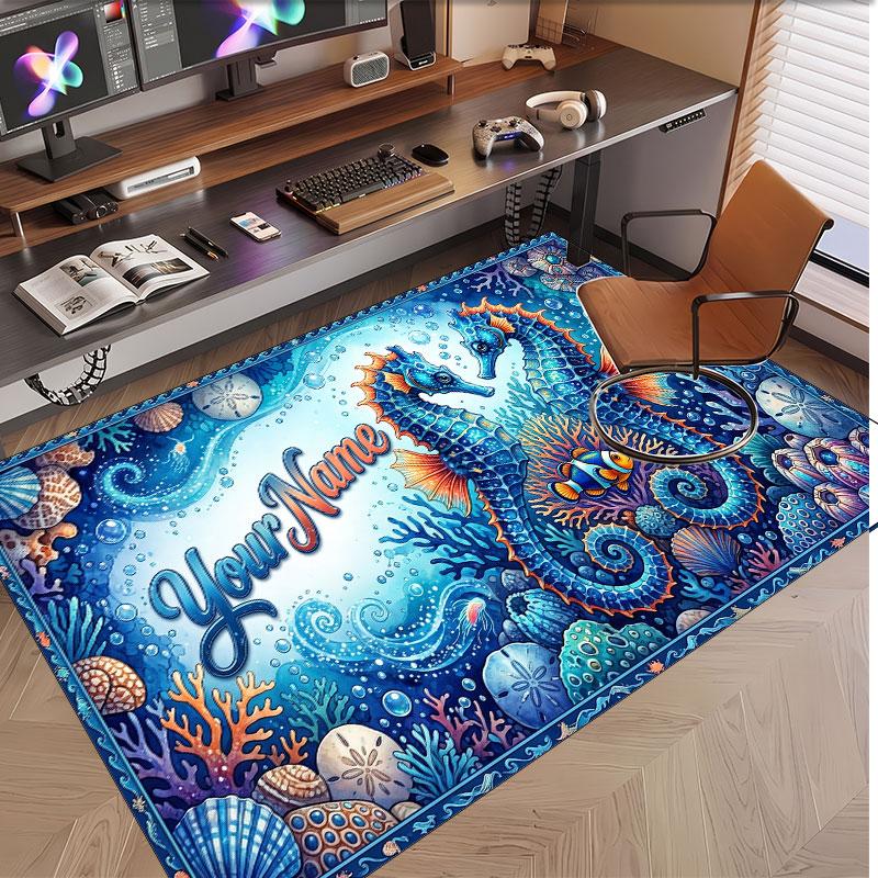 Fish Ocean Theme Soft Crystal Velvet Rug Custom Name & Text Print Non Slip Floor Rug for Bedroom Living Room