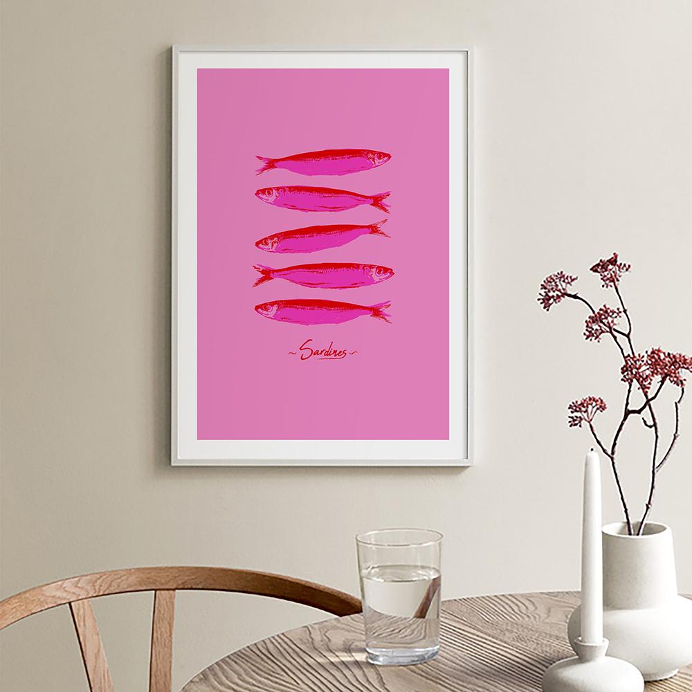 Retro Pink Colour Poster Pasta Wall Art Pictures Pasta Humour Hot Pink Fish Sardines Print Kitchen Trendy Dining Room Decor