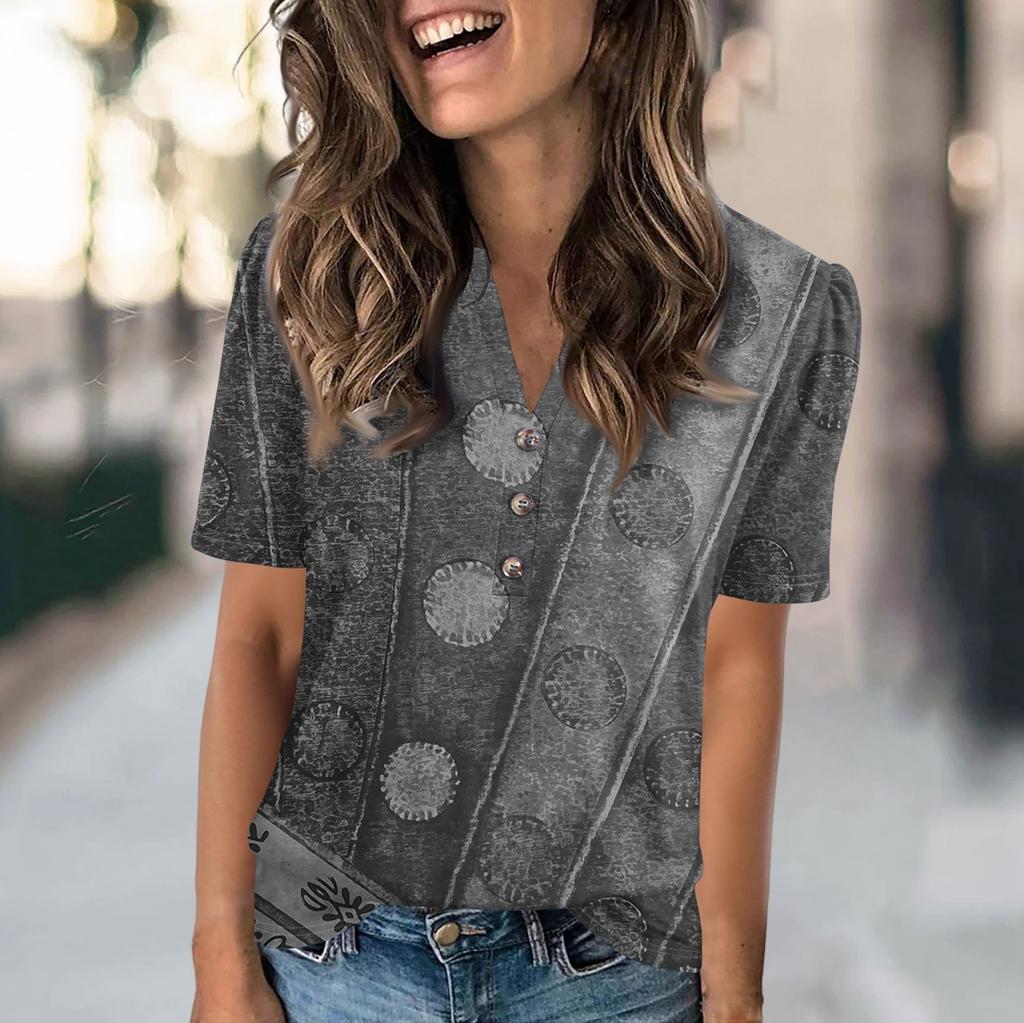 Женская модная повседневная футболка с цветными блоками и принтом в виде V-образного выреза с коротким рукавом и пуговицами