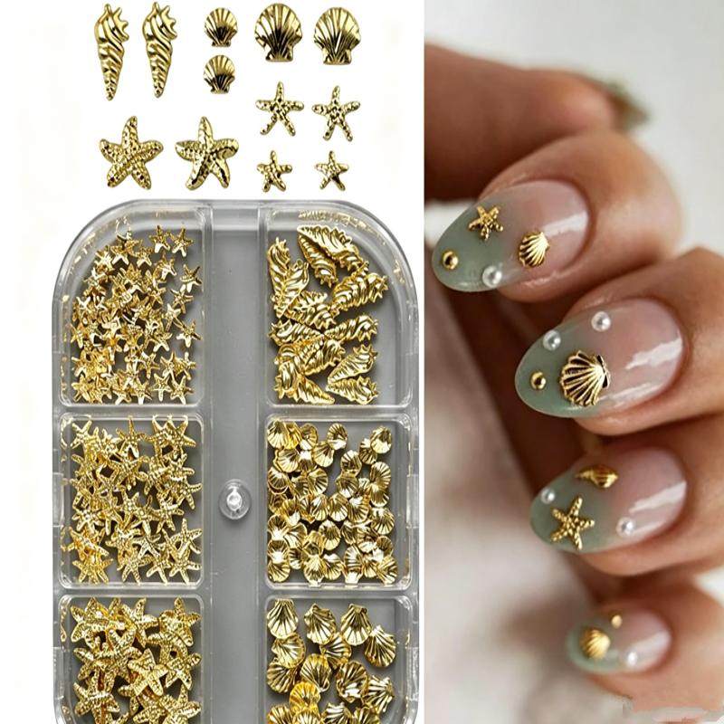 3D 6 Grids Nail Charms Gold Seashell Starfish Conch Decorations for Nail Art Craft Making
