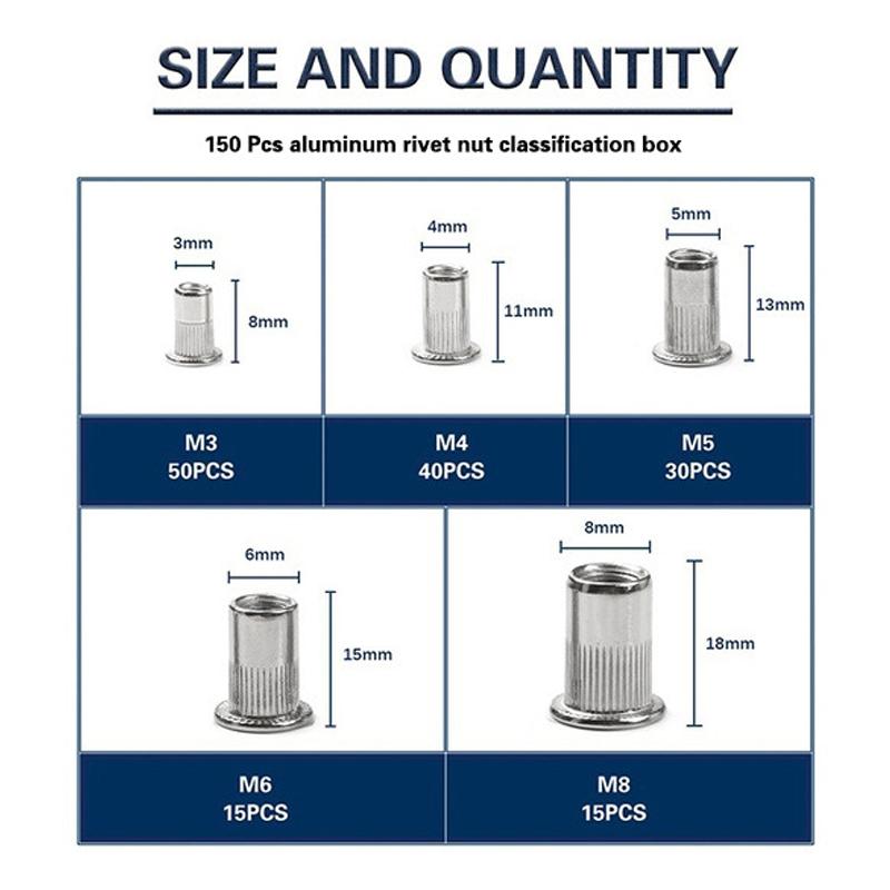 150 шт. набор алюминиевых заклепочных гаек с плоской головкой и резьбой M3/M4/M5/M6/M8 и 1 шт. пистолет для заклепок с 5 шт. оправок для заклепок