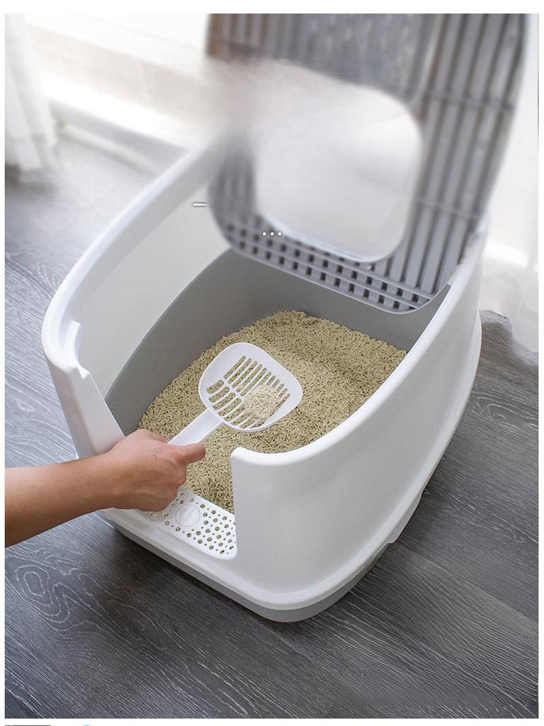 Очень большой, полностью закрытый, легкоочищаемый кошачий туалет с дезодорирующими и съемными функциями, в комплект входит совок для мусора