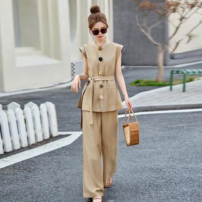 Европейский стиль Модный костюм Весна и лето Новинка Сяосян Вентилятор Топ без рукавов Жилет Широкие брюки Комплект из двух предметов Женский