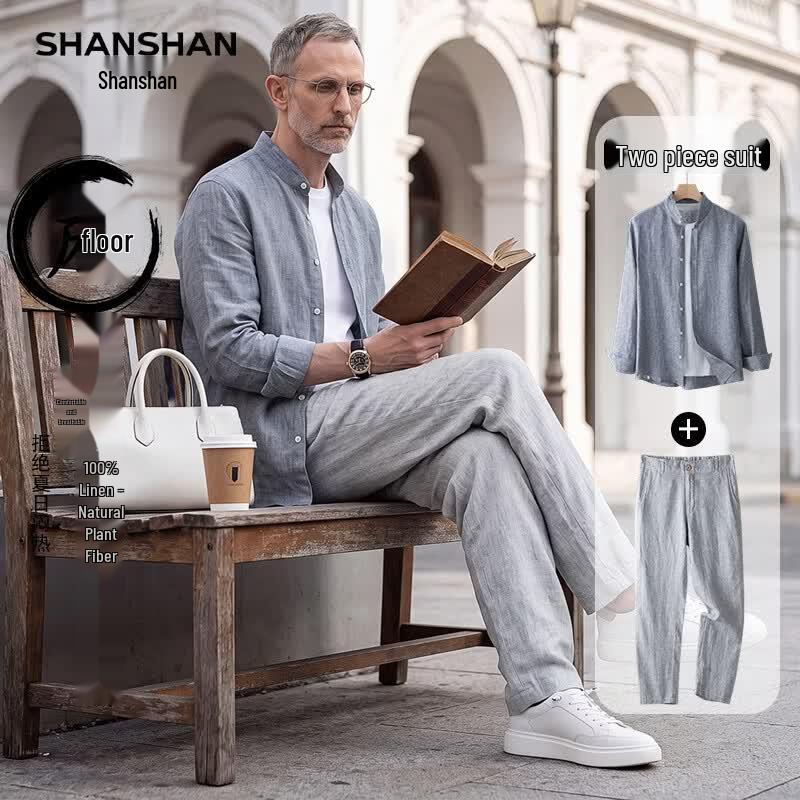 Shanshan Мужской комплект: 100% льняная рубашка и брюки