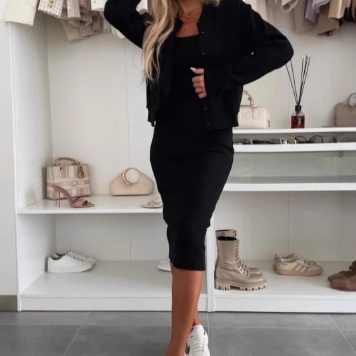 Women's Knit Dress with Matching Short Cardigan, Elegant Outfit