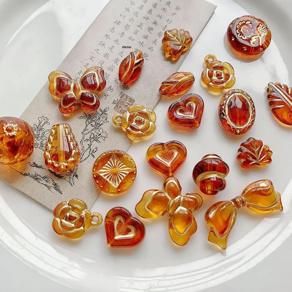 50g Mixed Vintage Gilt Czech Acrylic Beads: Amber, Powder Blue, Butterfly, Heart for DIY Beading