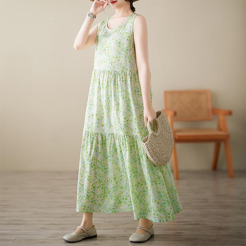 DIMANAF 2025 Новое летнее женское платье большого размера в винтажном стиле с принтом, свободный базовый сарафан, повседневное плиссированное длинное платье