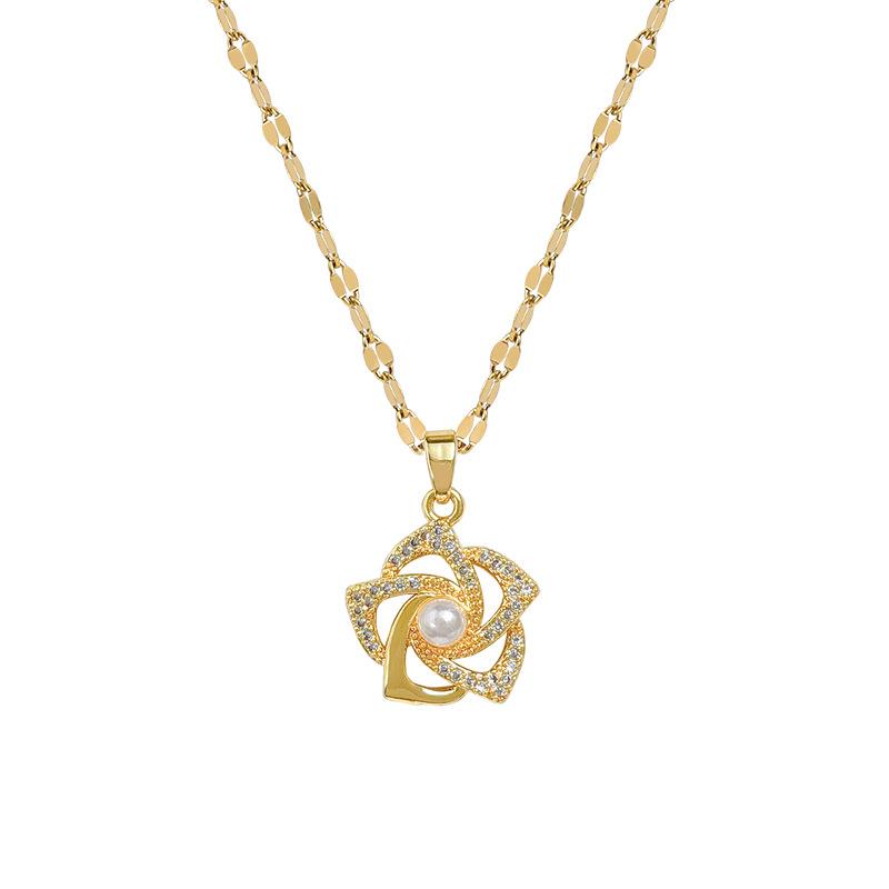 Легкая роскошь Полностью бриллиантовое Ожерелье с подвеской в виде вращающегося цветка, слегка инкрустированное цирконом и жемчугом, Медное гальваническое покрытие Настоящее золото, Ветер