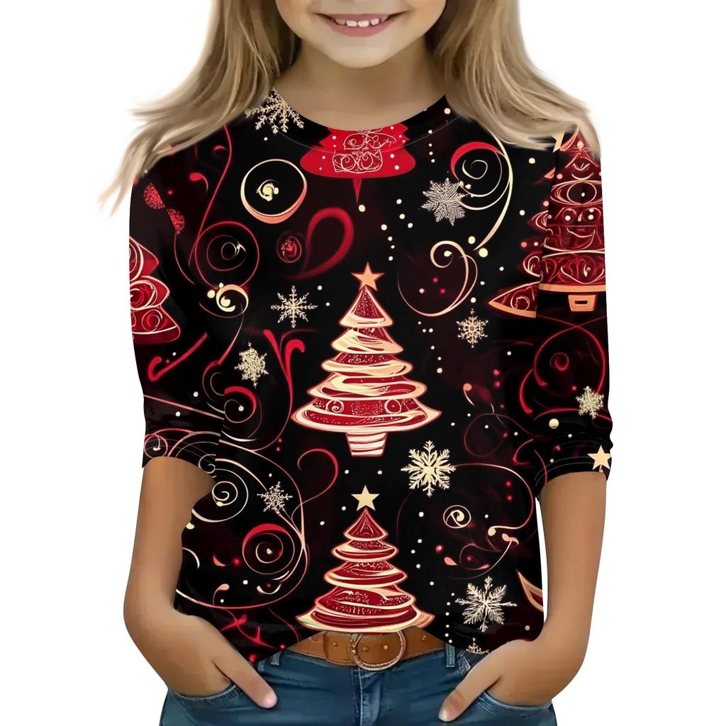 Christmas Day Print Tops For Youth Girls 4-11 Years Round Neck 3/4 Sleeves T-Shirts Trendy Tops Outfit Tees