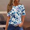 Женская плиссированная футболка с круглым вырезом и цветочным принтом, короткий рукав, топ с разрезом по низу