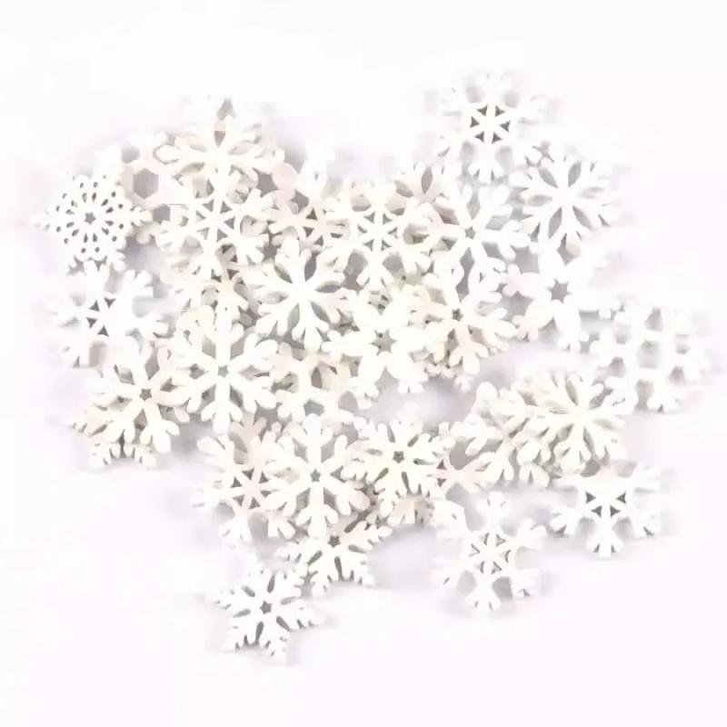 200Pcs Christmas Snowflake Mix Shape Wooden Pendants White Snowflakes Ornaments for New Year Navidad Xmas Decor