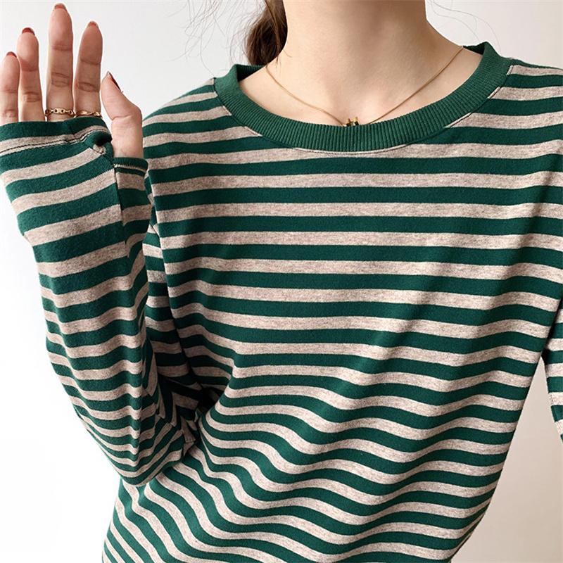 Новинка 2022 года, женские полосатые футболки с длинными рукавами, женская уличная одежда, осенне-весенние хлопковые футболки, свободные футболки в корейском стиле
