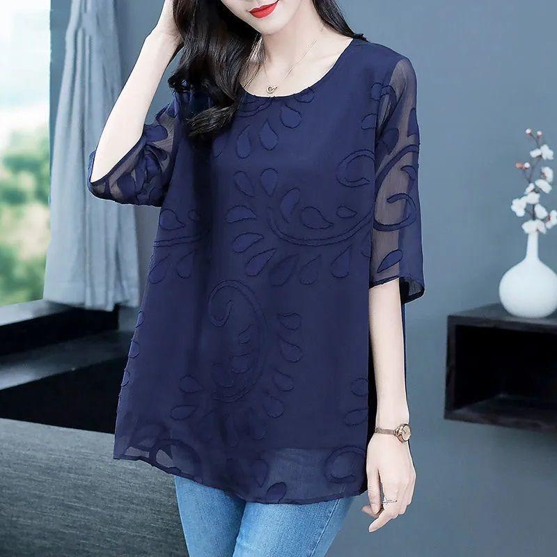 Свободная блузка, летняя повседневная рубашка с коротким рукавом, стильная лоскутная рубашка с круглым вырезом для поездок на работу и обратно