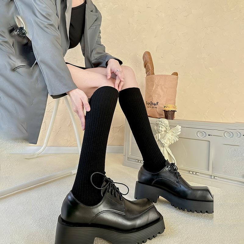 Socks Woman Autumn and Winter Thick Warm Solid Color Knee High Stockings Black White Vertical Stripes Thigh High Socks for Women
