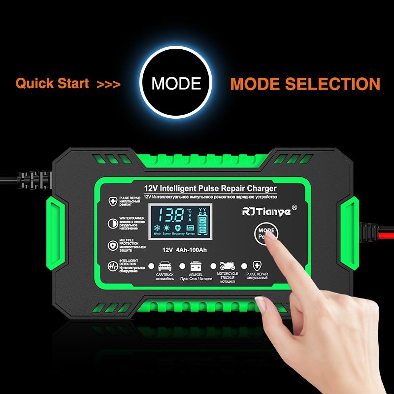 12V/6A Car Battery Charger Touch Screen Full Automatic Pulse Repair for Motorcycle Moto Lead Acid AGM Gel VRLA Smart Fast Power Charging