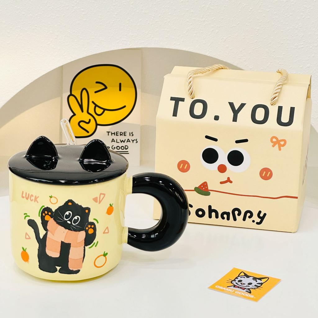 Рельефный котенок с крышкой, милый, высокий, девочка, керамический набор чашек, соломенная чашка, мультяшная кружка, открывающаяся в подарок