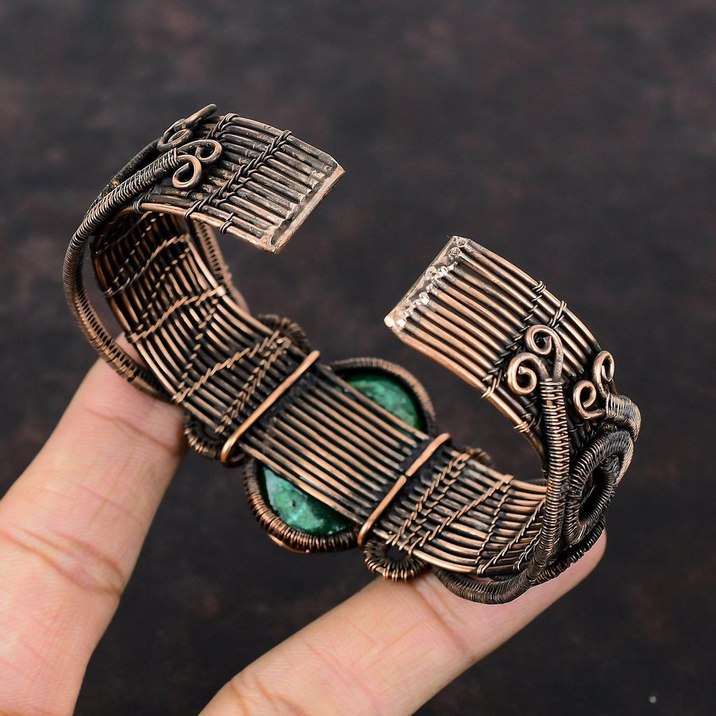 Малахитовый браслет-манжета, браслет-бенгл, обмотанный медной проволокой, украшения ручной работы, регулируемый браслет-бенгл, браслет-манжета с драгоценным камнем, украшения из античной меди для подарка