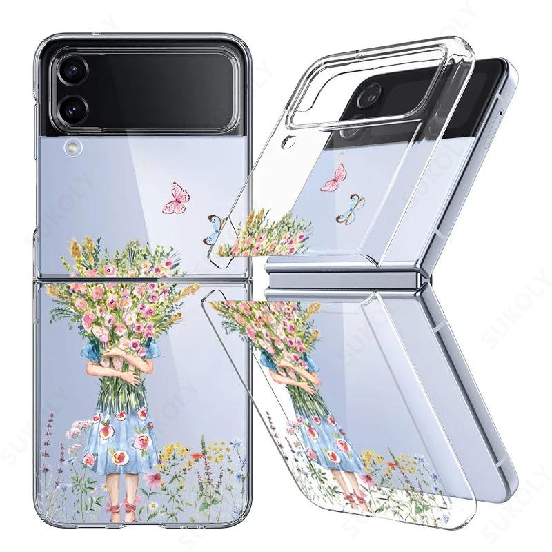 For Samsung Galaxy Z Flip5 Flip6 Flip4 Case Flower Pattern Shockproof Folding Transparent Cover For Samsung Galaxy Z Flip 5 4 3