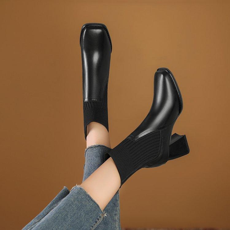 Женские ботильоны без застежек на толстом блочном каблуке с квадратным носком, платье-носок до середины голени, женские повседневные ботинки на осень-зиму