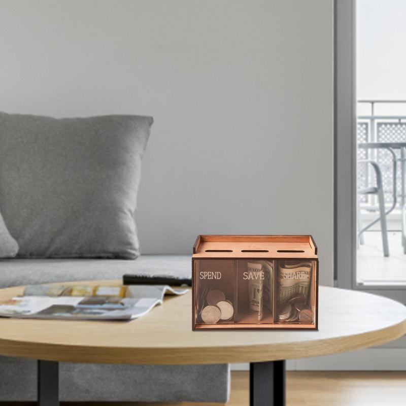 Копилка для денег с 3 отделениями, деревянная копилка со съемной крышкой, портативный органайзер для хранения денег для взрослых и детей