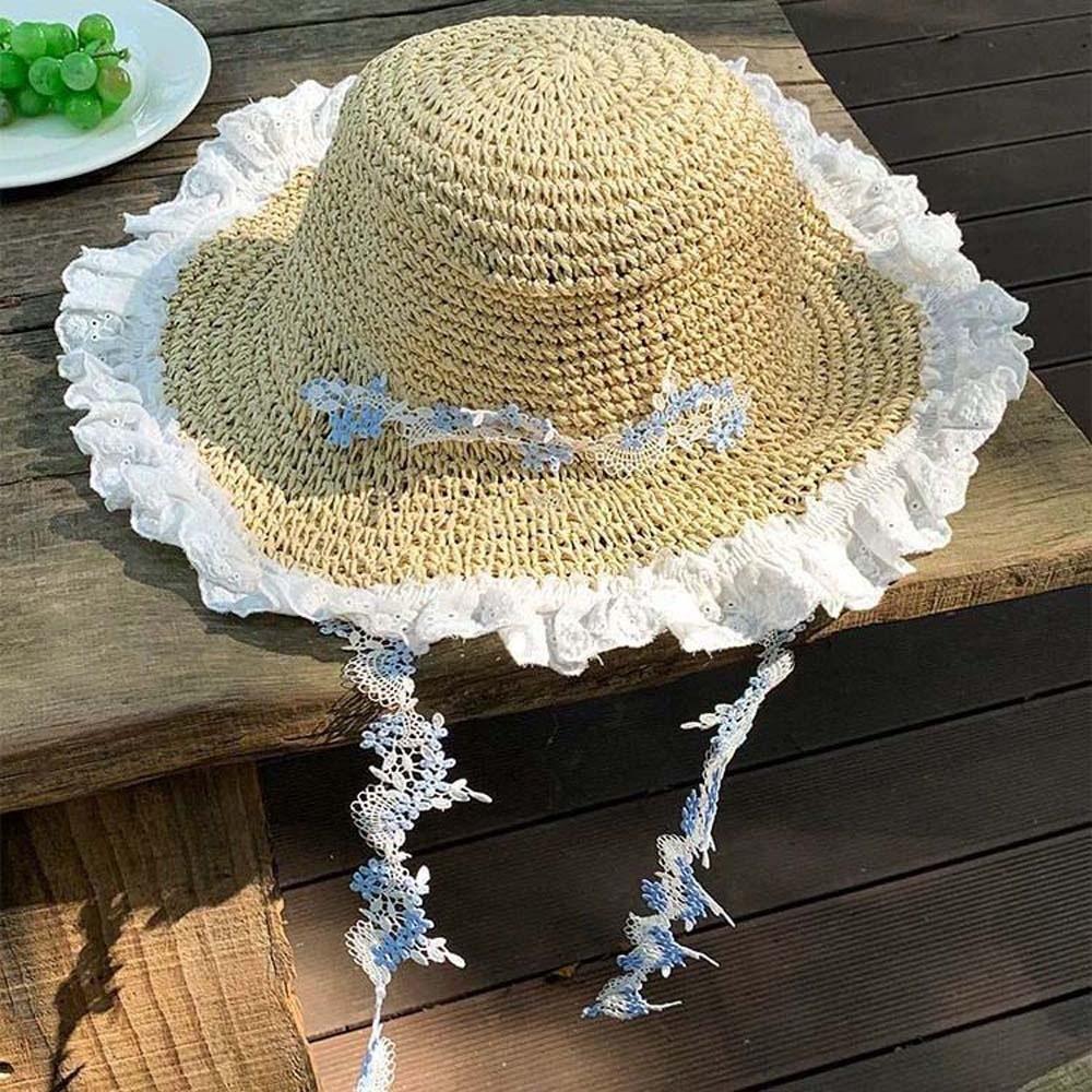 Breathable Vacation Beach Cap with Garland Woven Sun Cap Big Brimmed Straw Hat Masquerade
