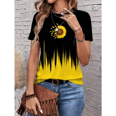 Повседневная и простая женская футболка с круглым вырезом и коротким рукавом с принтом подсолнуха, подходит для лета