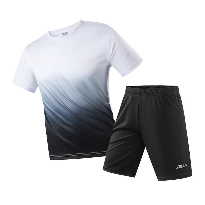 Mens Quick-Dry Sportswear Set Casual Short Sleeve T-Shirt Mid-Length Shorts Youth Fashion Athletic Outfit