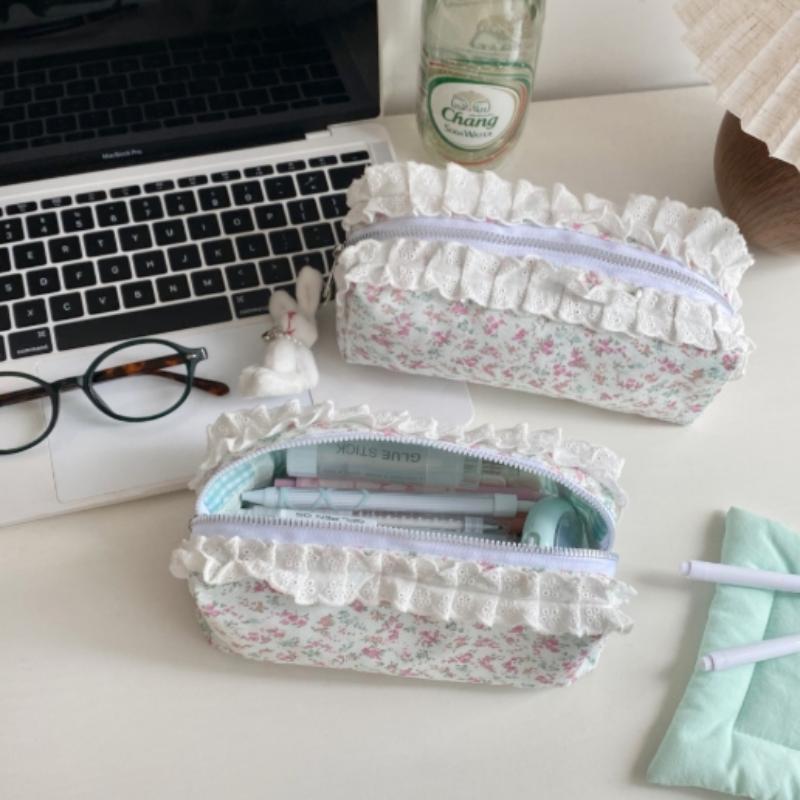 High Quality Lace Floral Pattern Pen Bag Zipper Design Large Capacity Pencil Case Stationery Organizer School Office