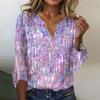 Женские топы Свободная повседневная футболка с v-образным вырезом и блестками с расклешенными рукавами и принтом с семью рукавами