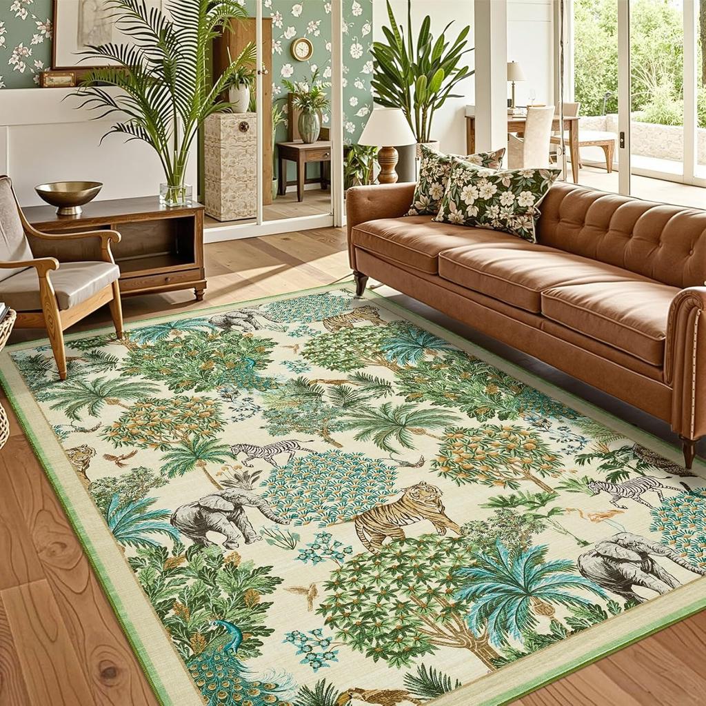 Green Living Room Carpets Nordic Style Jungle Animal Plant Print Bedroom Rug Vintage Machine Washable Non-Slip Coffee Table Mats