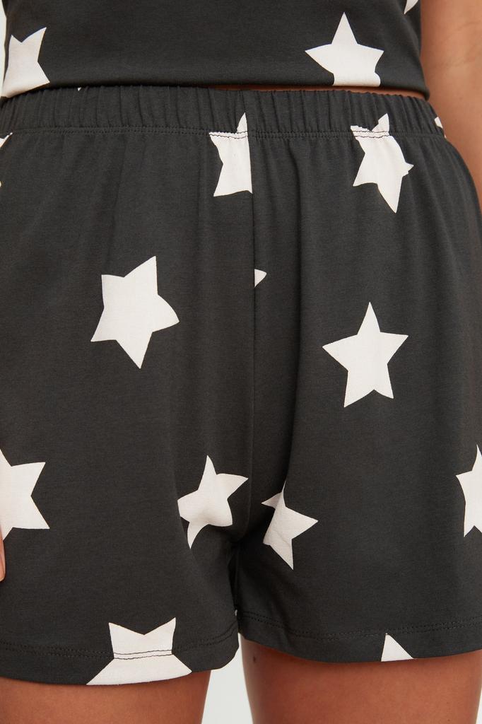 Women's Fashion New Pajama Set Light Pink 100% Cotton Star Patterned Tshirt-Shorts Knitted Pajama Set