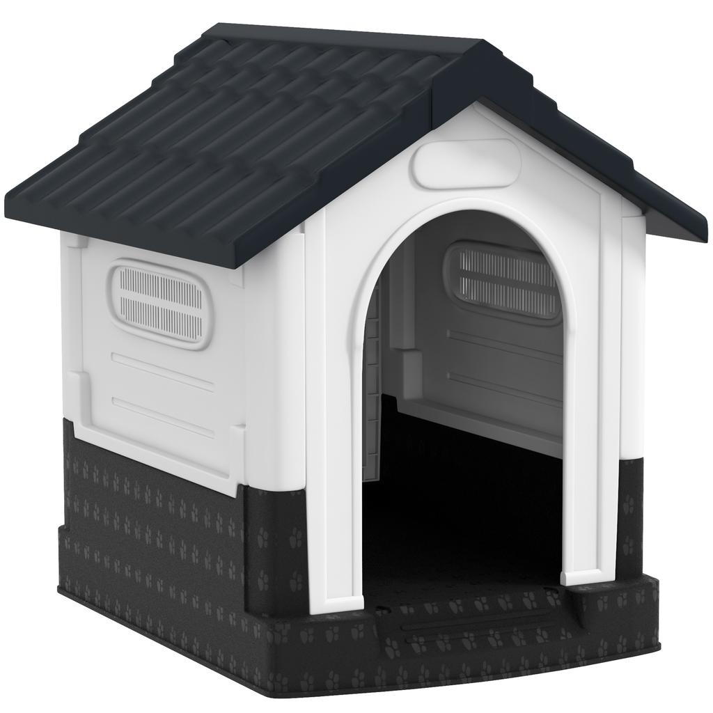 Plastic Dog Kennel With Windows For Garden Patio Miniature Dogs 64.5 X 57 X 66cm Grey