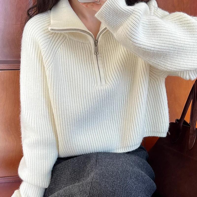 Женский вязаный свитер с полувысоким воротником и застежкой-молнией, осенний, с рукавами-фонариками, винтажные свободные свитера, зимние толстые повседневные однотонные теплые джемперы 25404