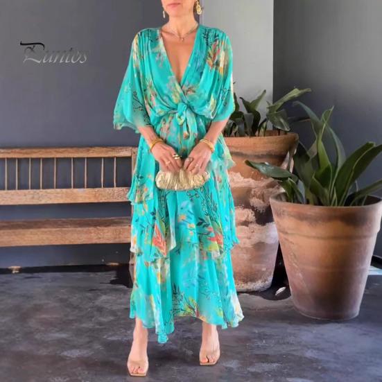 Women Dress Multi-layered Hem Lace-up Slim Waist Colorful Printing Maxi Dress Mid Sleeve V Neck Vacation Party Dress
