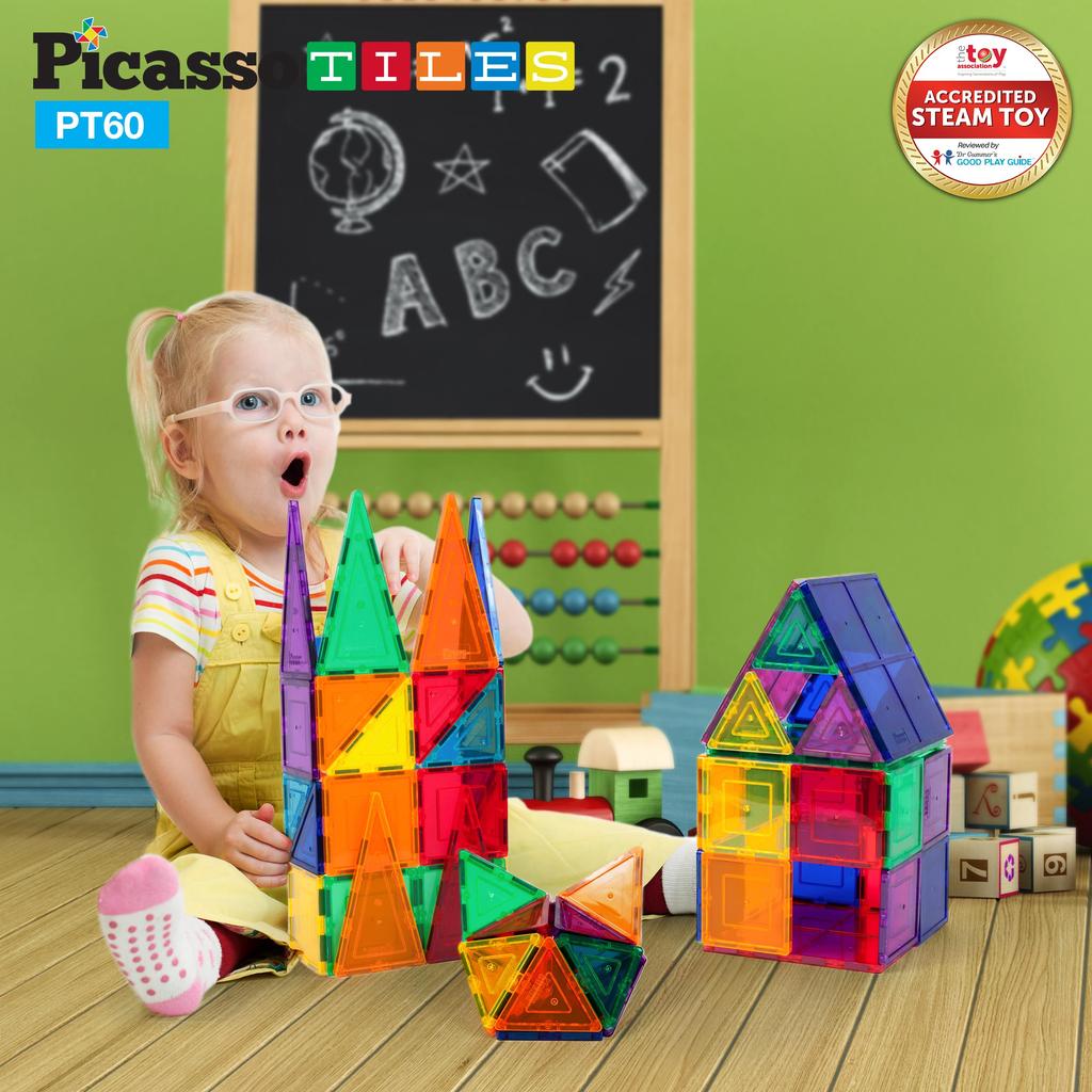 PicassoTiles Набор из 60 магнитных строительных плиток, прозрачные магнитные 3D строительные блоки для игровых досок - Невероятная креативность,
