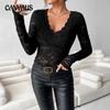 Women's Elegant V-neck Scalloped Neck Edge Solid Colour Long Sleeve Slim Slim Pullover Lace Top
