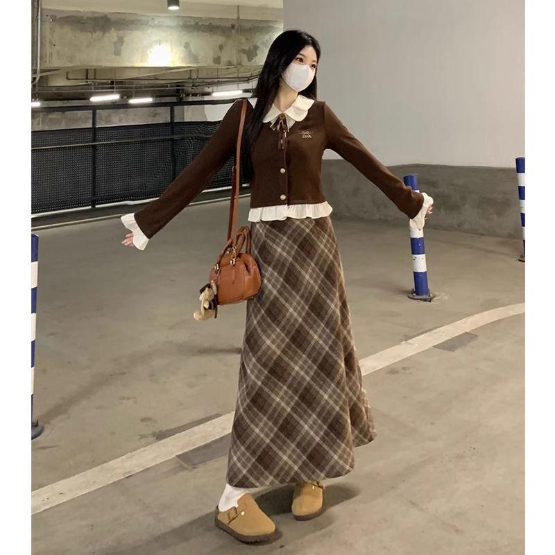 Комплект: Маленькая ретро клетчатая юбка и топ с длинным рукавом в стиле пэчворк для женщин Осень/Зима