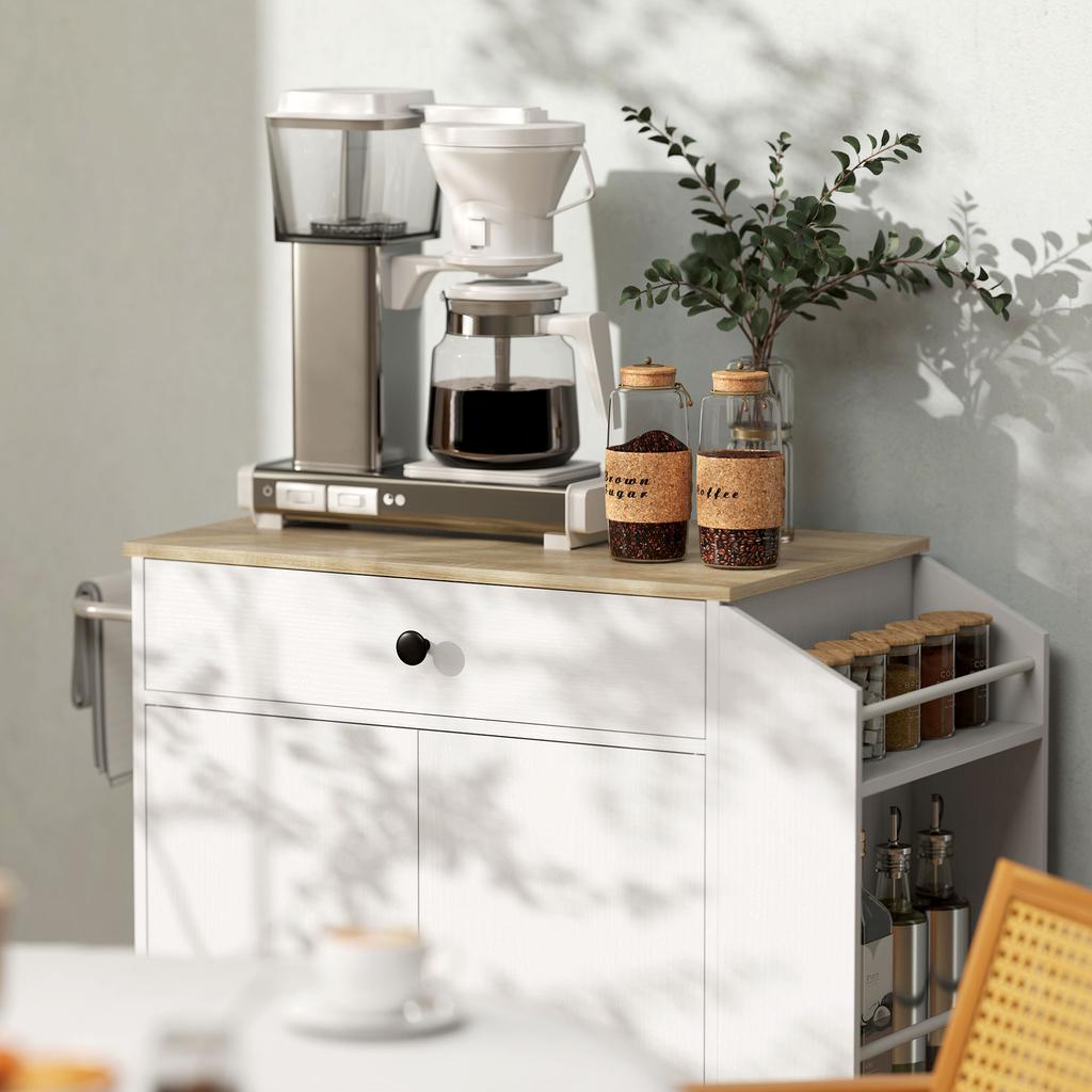 Mobile kitchen island cart, drawer, adjustable shelf, 2-door cupboard, 82 x 38 x 86.5 cm, white