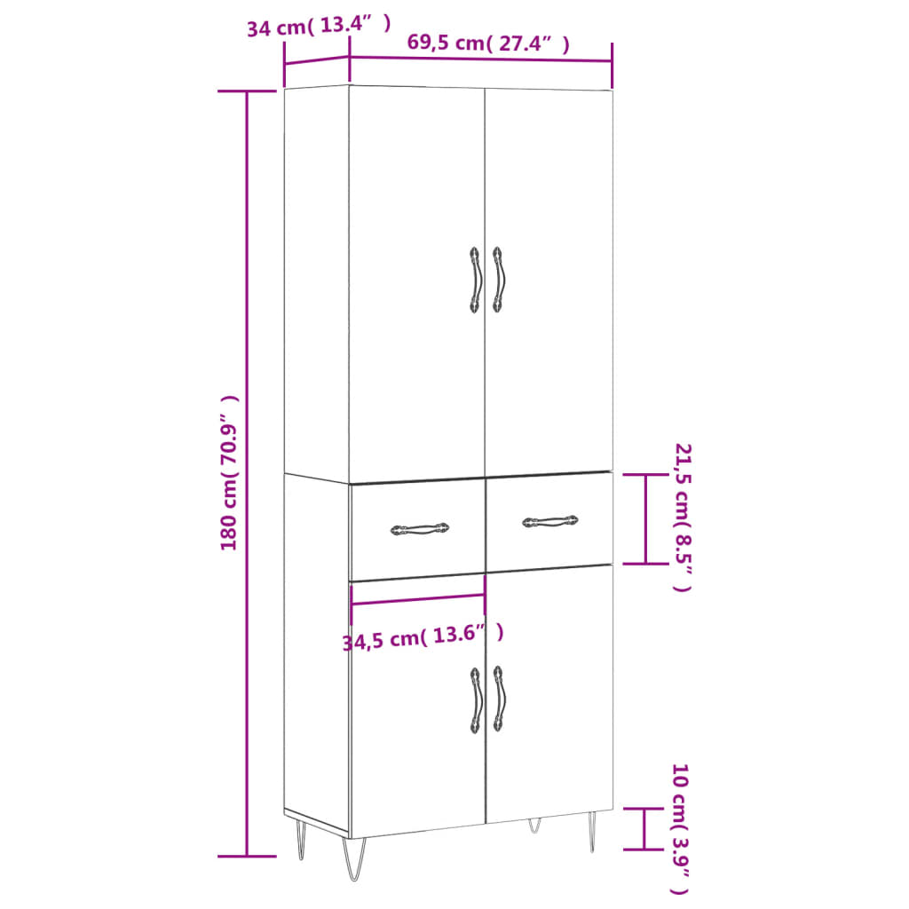 Highboard Gray Sonoma 69.5 x 34 x 180 cm Particleboard