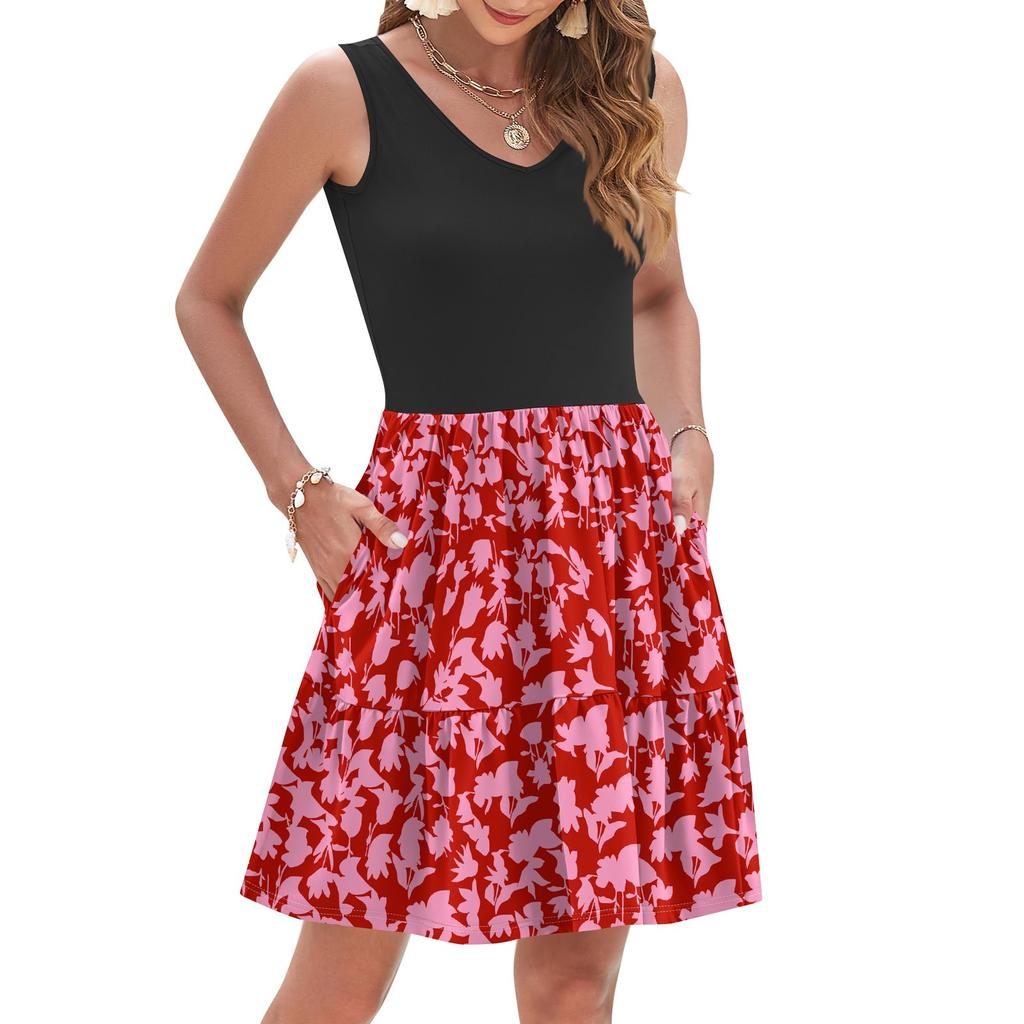 Женское летнее модное повседневное платье без рукавов с V-образным вырезом, плиссированное в стиле пэчворк, винтажный цветочный принт, жилет с карманом