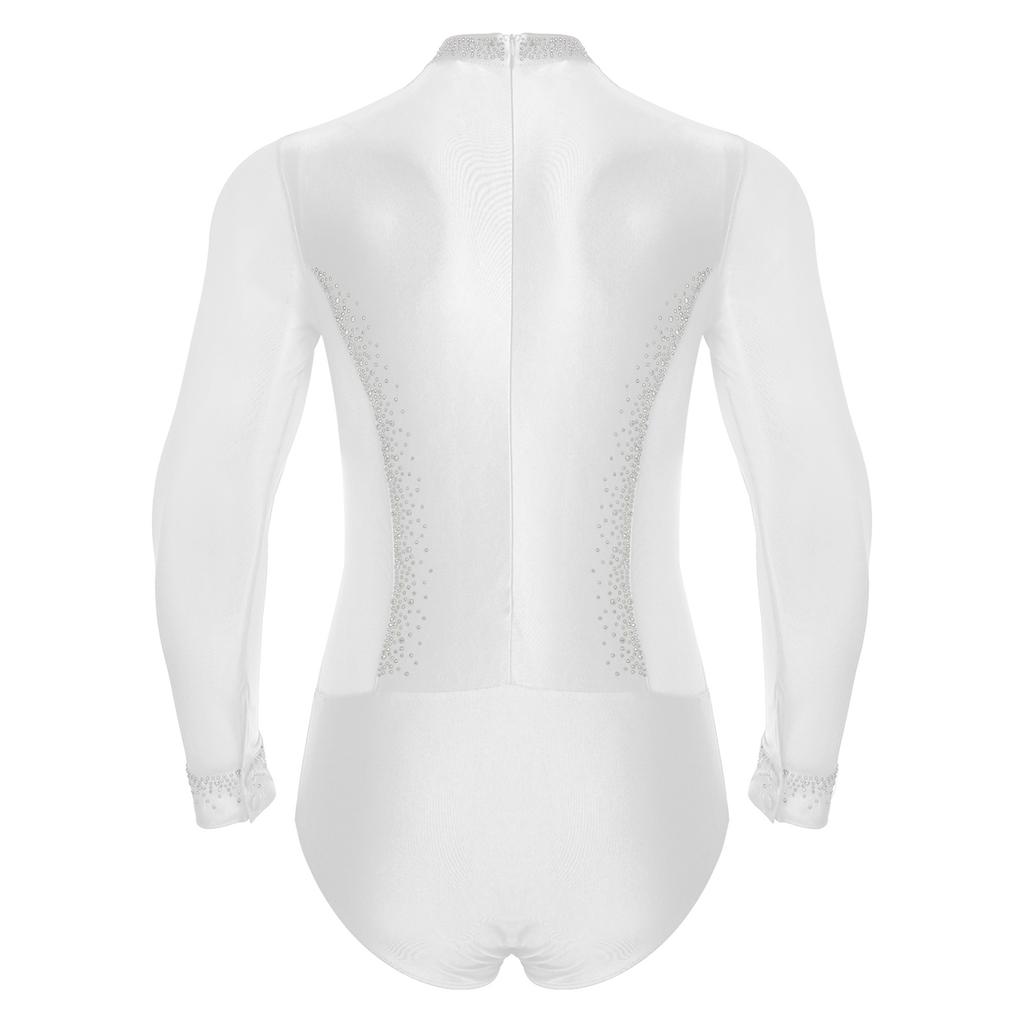 Mens Figure Skating Bodysuit Mock Neck Long Sleeve Sheer Mesh Patchwork Colorful Rhinestones Latin Dance Leotard