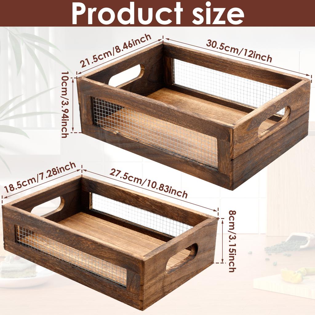 2Pcs Wooden Countertop Basket Stackable Storage Box With Wire Mesh Multipurpose Kitchen Bathroom Storage Organizer Magazine Rack