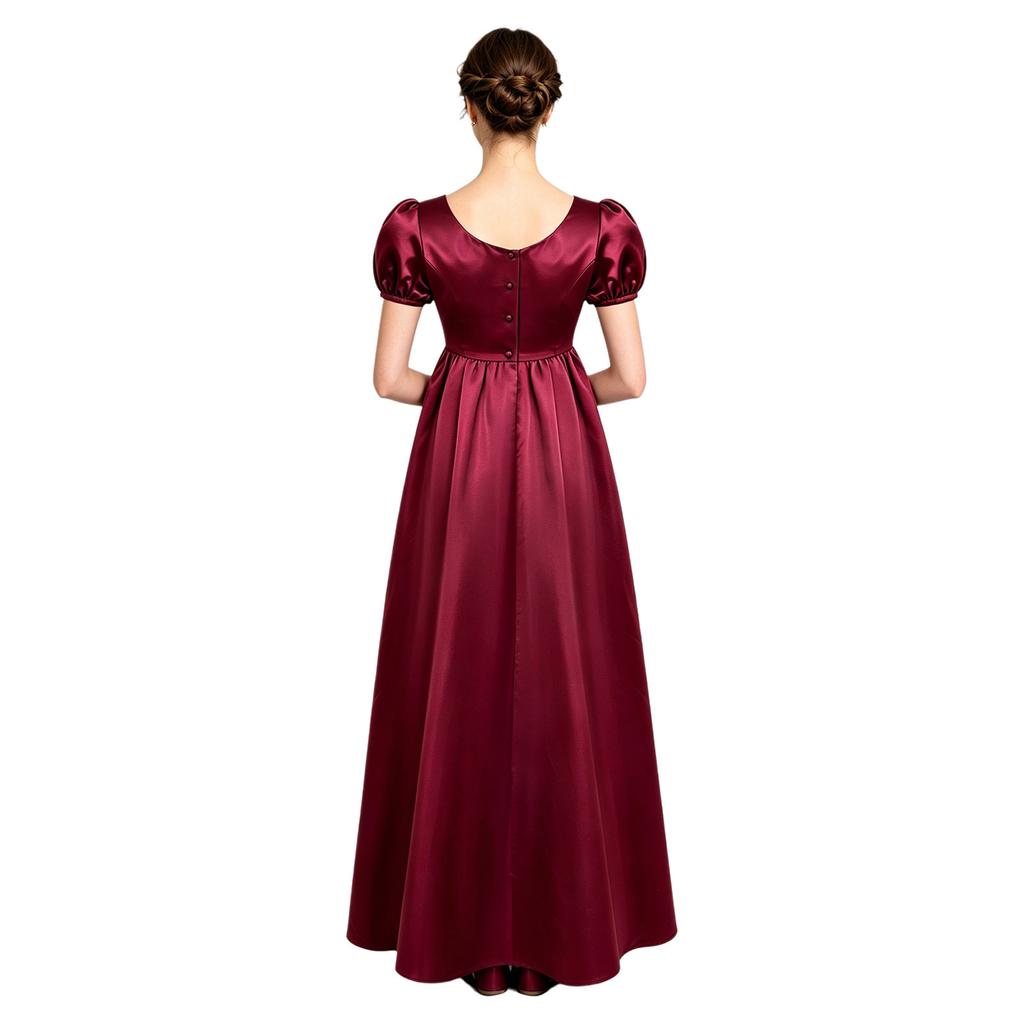 Womens Retro Regency Maxi Dress Square Neck Faux Pearls Decor Puff Sleeve Satin Long Dress