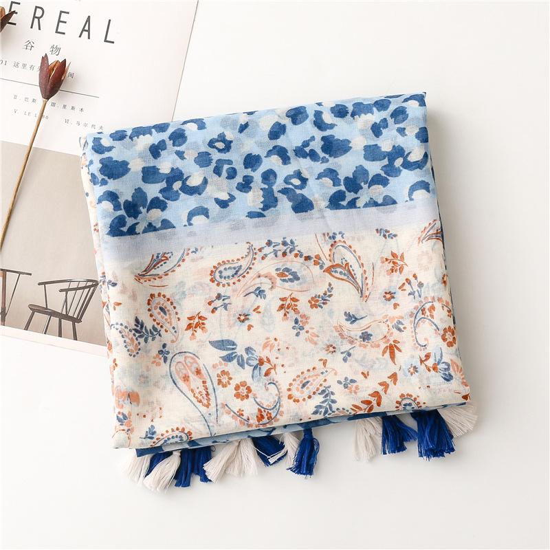 Luxury Women Viscose Scarf Ventilate Two-Color Leopard  Designer Shawl Cotton Linen Tassel Pashmina Muslim Hijab Wrap Floral