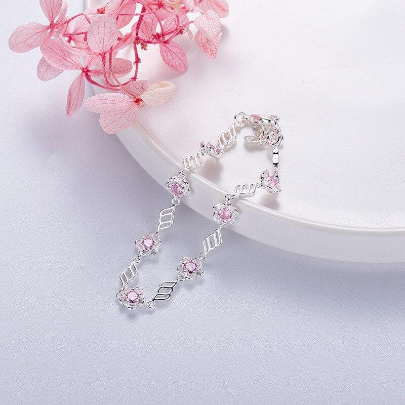 Sweet Pink Zircon Sakura Flower Charm Bracelets for Women INS 925 Sterling Silver Bracelet Wedding Party Jewelry