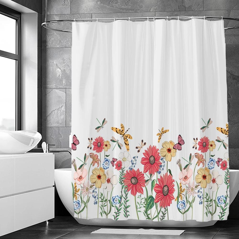 Flowers Butterfly Shower Curtain Fantasy Art Rose Floral Girls Waterproof Fabric Bathroom Curtain Room Decor Curtains With Hooks