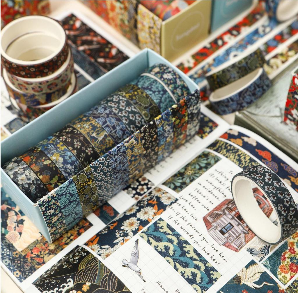 10 Rolls Kyoto Ukiyo-e Washi Tape Set Japanese Traditional Art Retro Wave Floral Pattern Masking Tape for Diary Album
